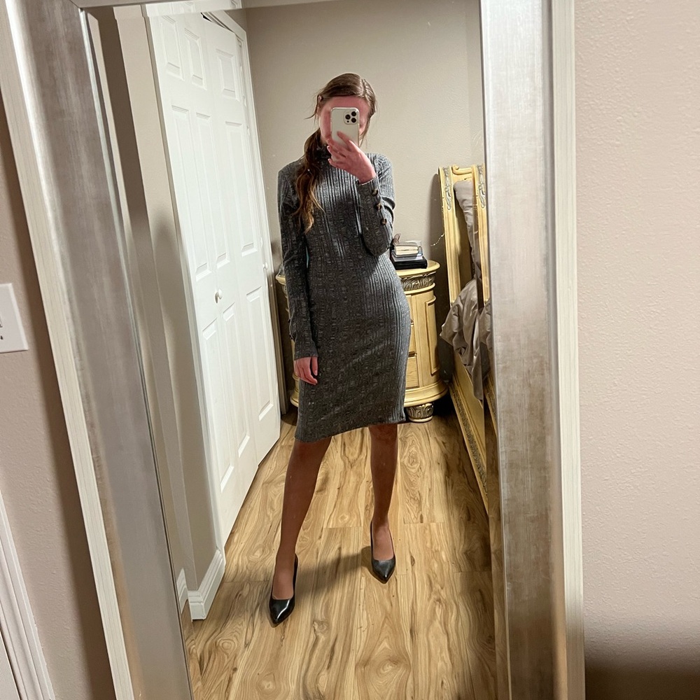 Peach Puff Turtleneck Button Sleeve Gray Dress